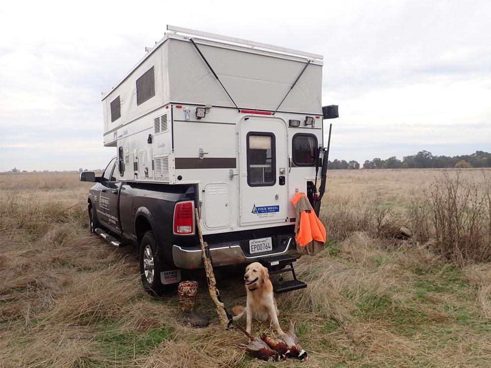 a dog sitting next to a pop up camper truck