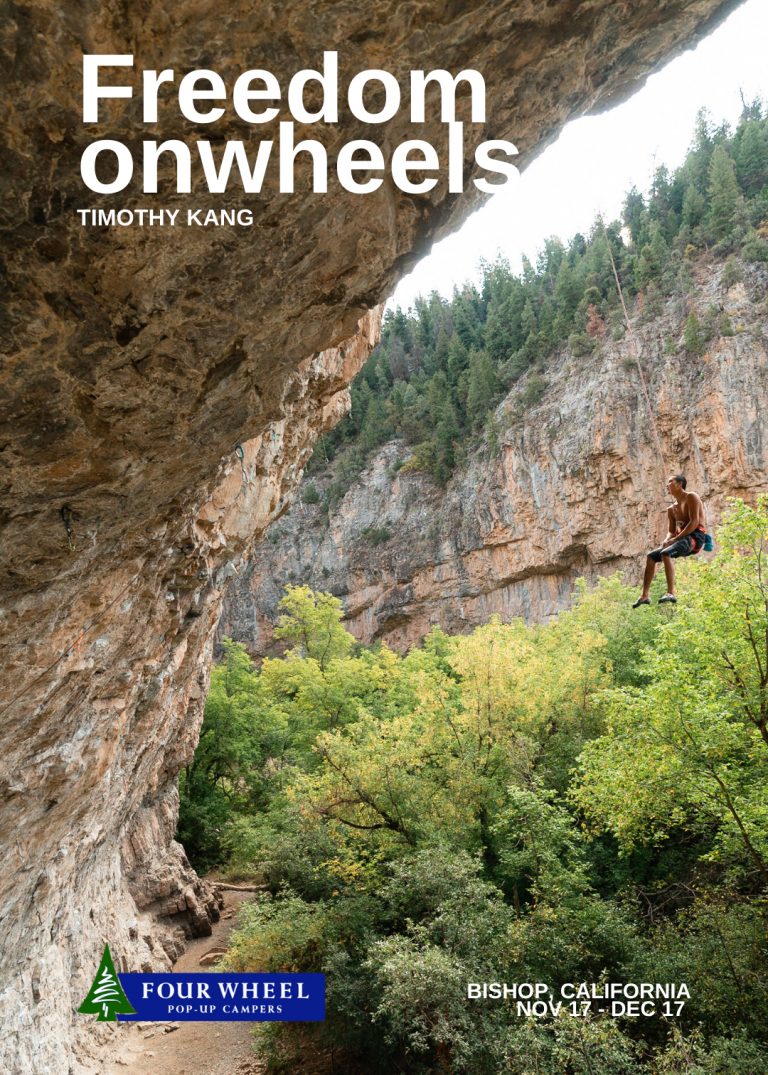 Promo image of freedom on wheels timothy kang swinging from a rock wall