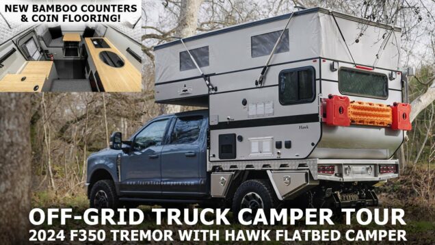 2024 F350 Tremor with Hawk Flatbed Pop Up Truck Camper Tour | NEW Bamboo Countertops & Coin Flooring